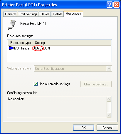 Device Manager => Printer port (LPT1) => Resources